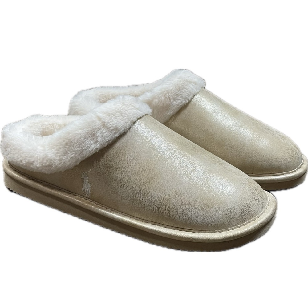Polo Ralph Lauren Women’s Charlotte Scuff Slippers Memory Foam Gold Size 8‎ NEW